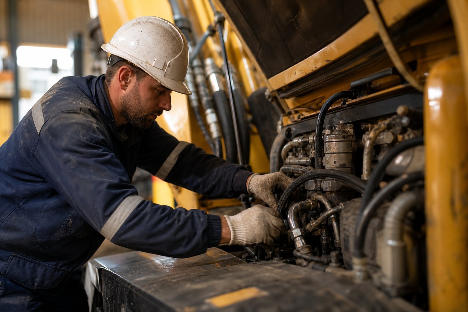 Technician servicing heavy equipment